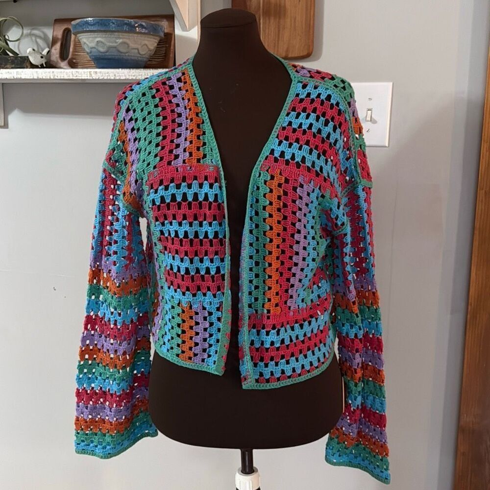 RD Style Buckle cardigan sweater loose knit colorful womens size large bell slee